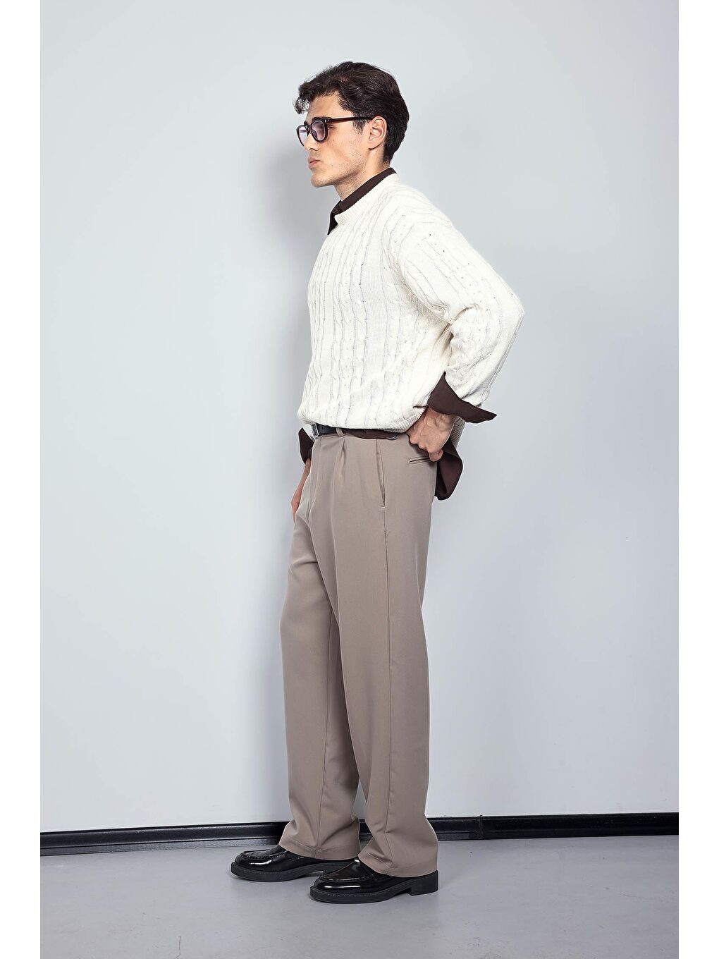 Erkek Oversize Örgü Desenli Triko %100 Pamuk Kazak Bej-5