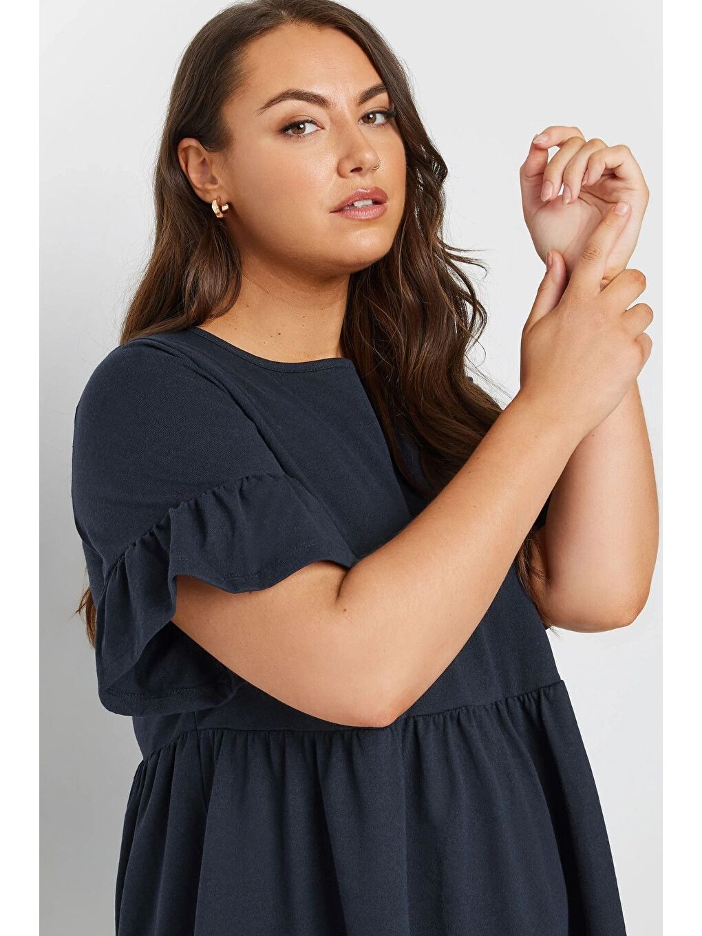 Lacivert Büyük Beden Bisiklet Yaka Kısa Fırfır Kollu Beli Lastikli Mini Elbise 303646-1