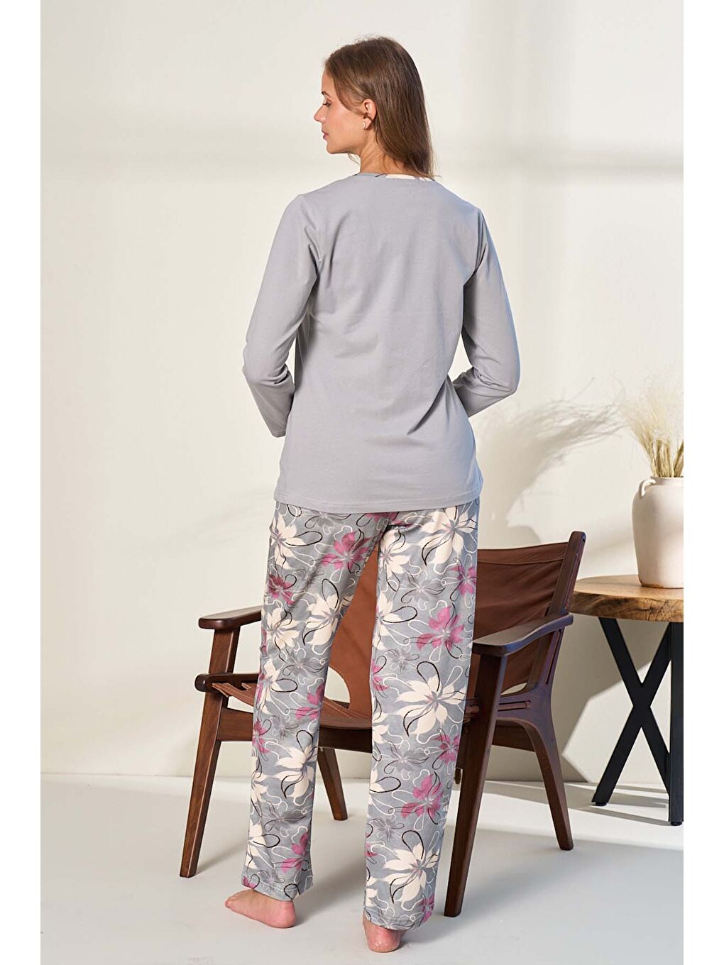 Büyük Beden Suprem Kadın Penye Uzun Kol Pijama Takımı 3134 Gri02-2