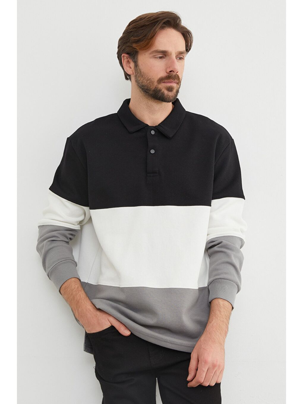 Siyah Renk Bloklu Polo Yaka Yarım Düğmeli Pike Sweatshirt