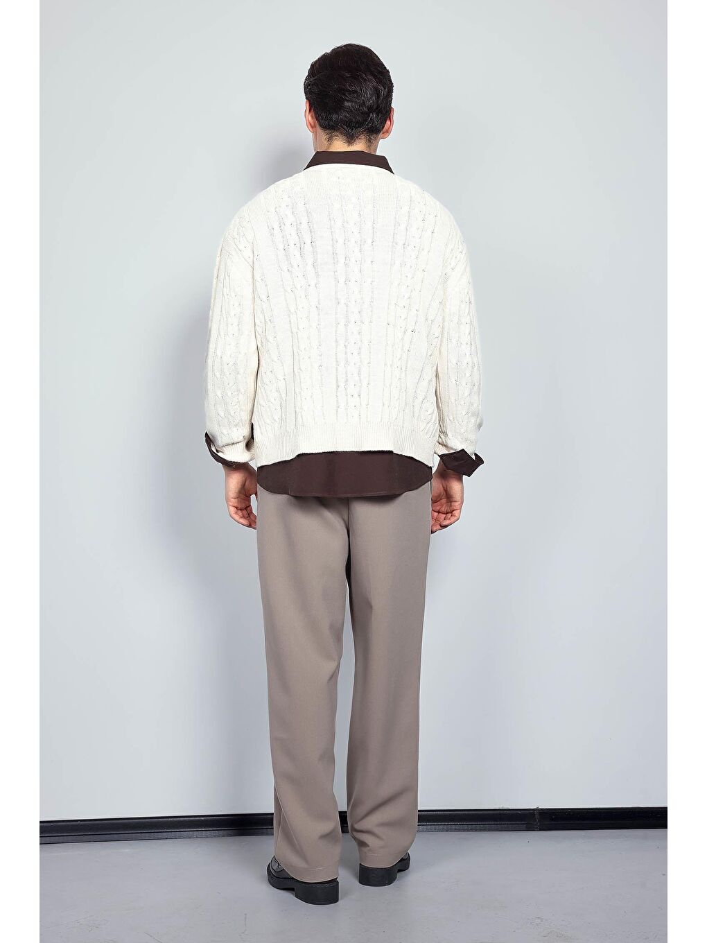 Erkek Oversize Örgü Desenli Triko %100 Pamuk Kazak Bej-6