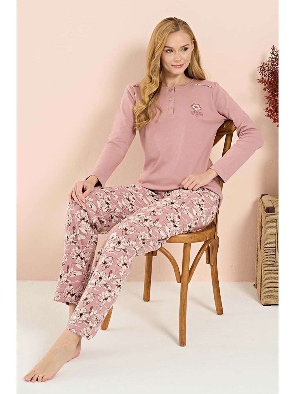 Pembe Kadın Penye Uzun Kol Pijama Takımı 3209 Gül Kurusu-1