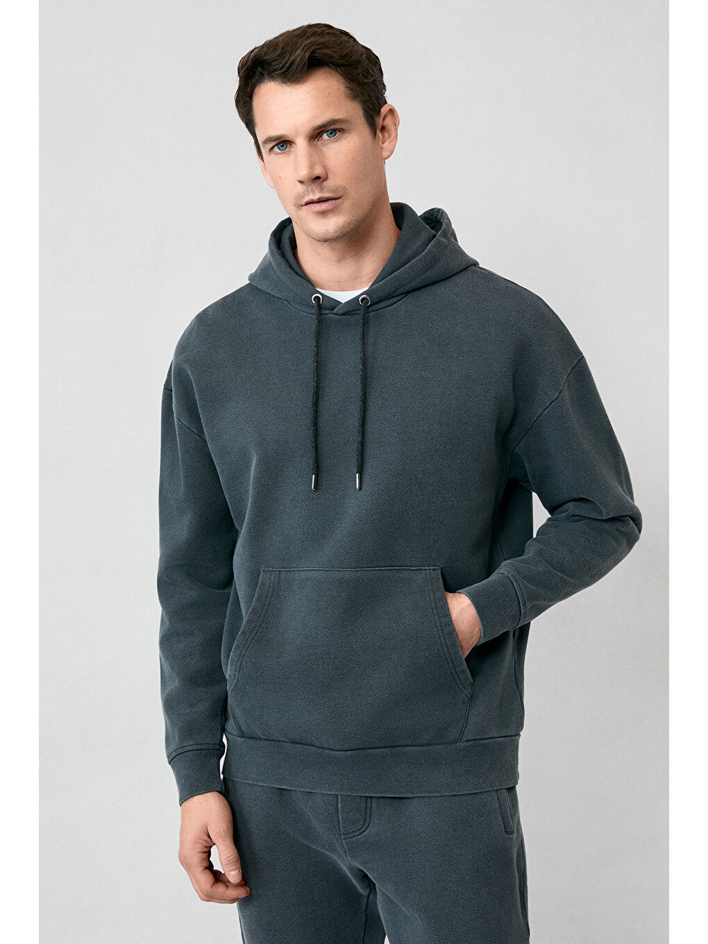 Antrasit Kapüşonlu Oversize Ekstra Rahat Kesim Pamuk Sweatshirt