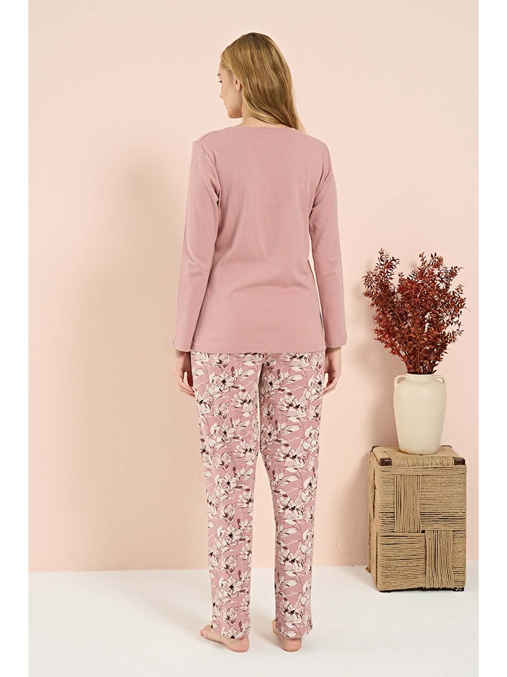 Pembe Kadın Penye Uzun Kol Pijama Takımı 3209 Gül Kurusu-2