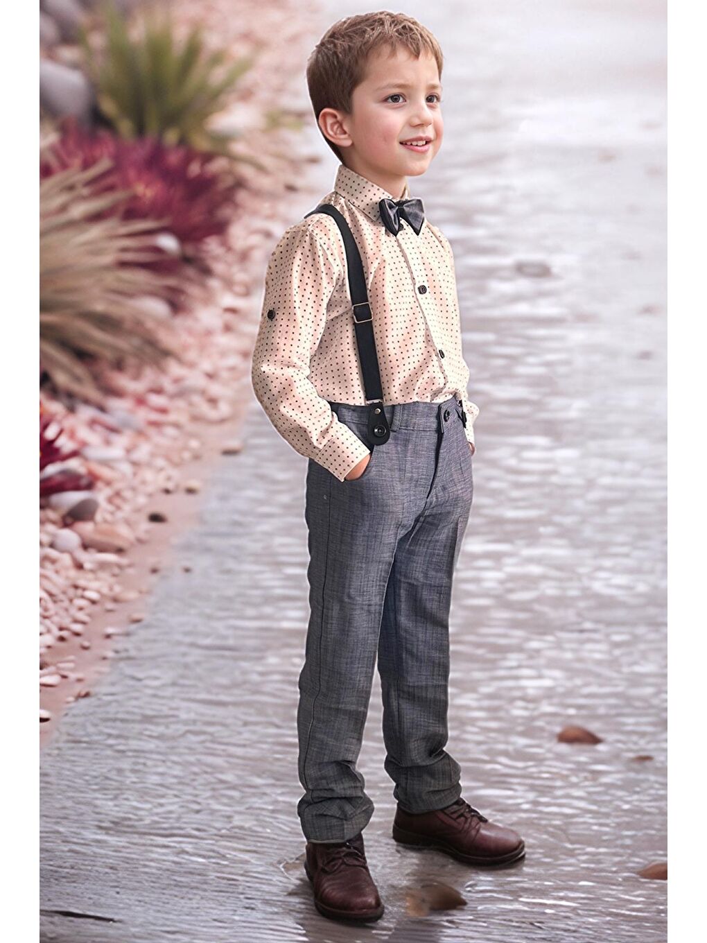 Erkek Bebek Desenli Gömlek, Papyon ve Askılı Mavi Pantolon Alt Üst Takım-2