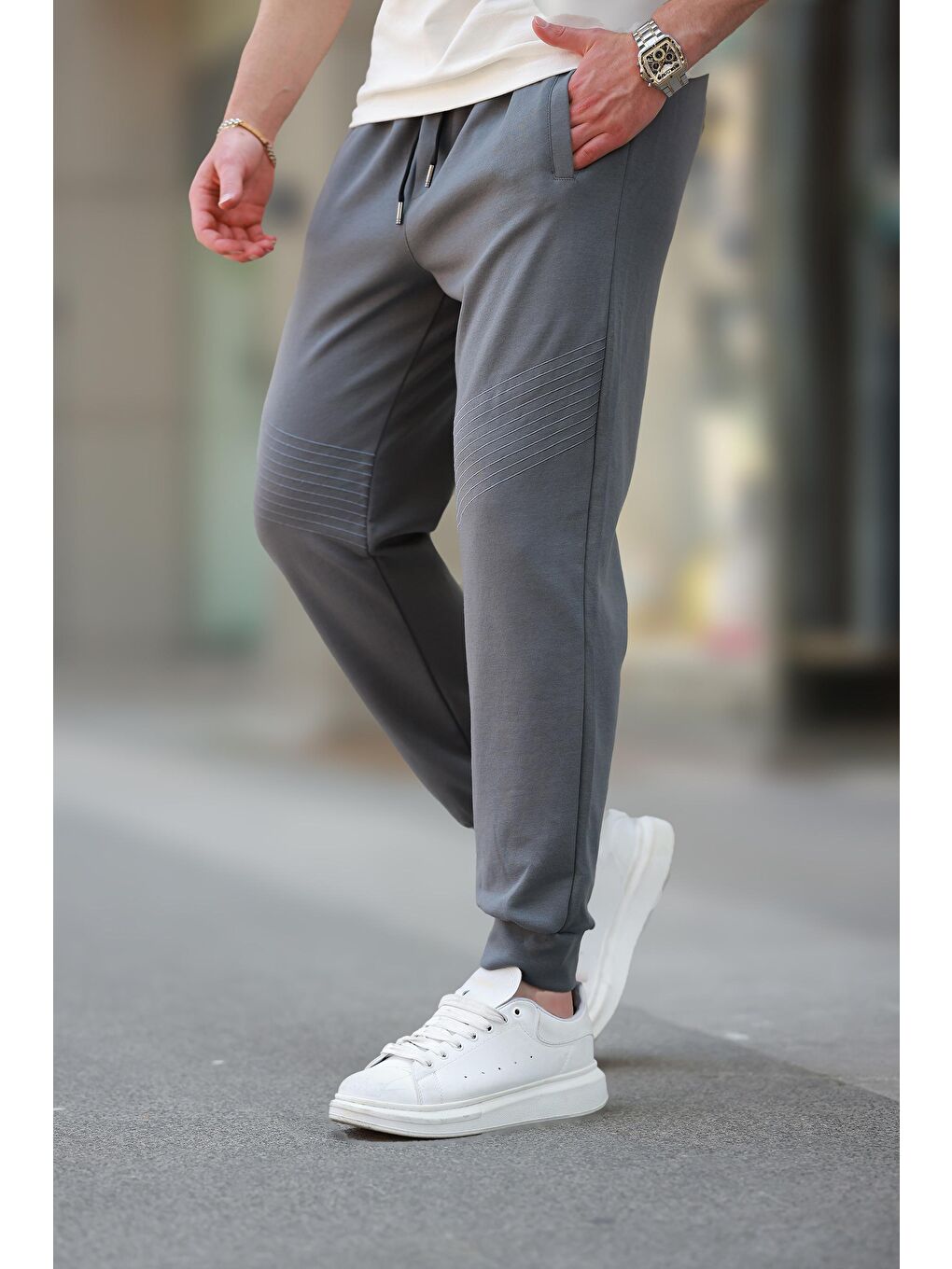 Gri Füme Manşetli Erkek Eşofman Altı E6570-4