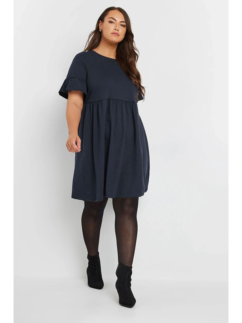 Lacivert Büyük Beden Bisiklet Yaka Kısa Fırfır Kollu Beli Lastikli Mini Elbise 303646-3