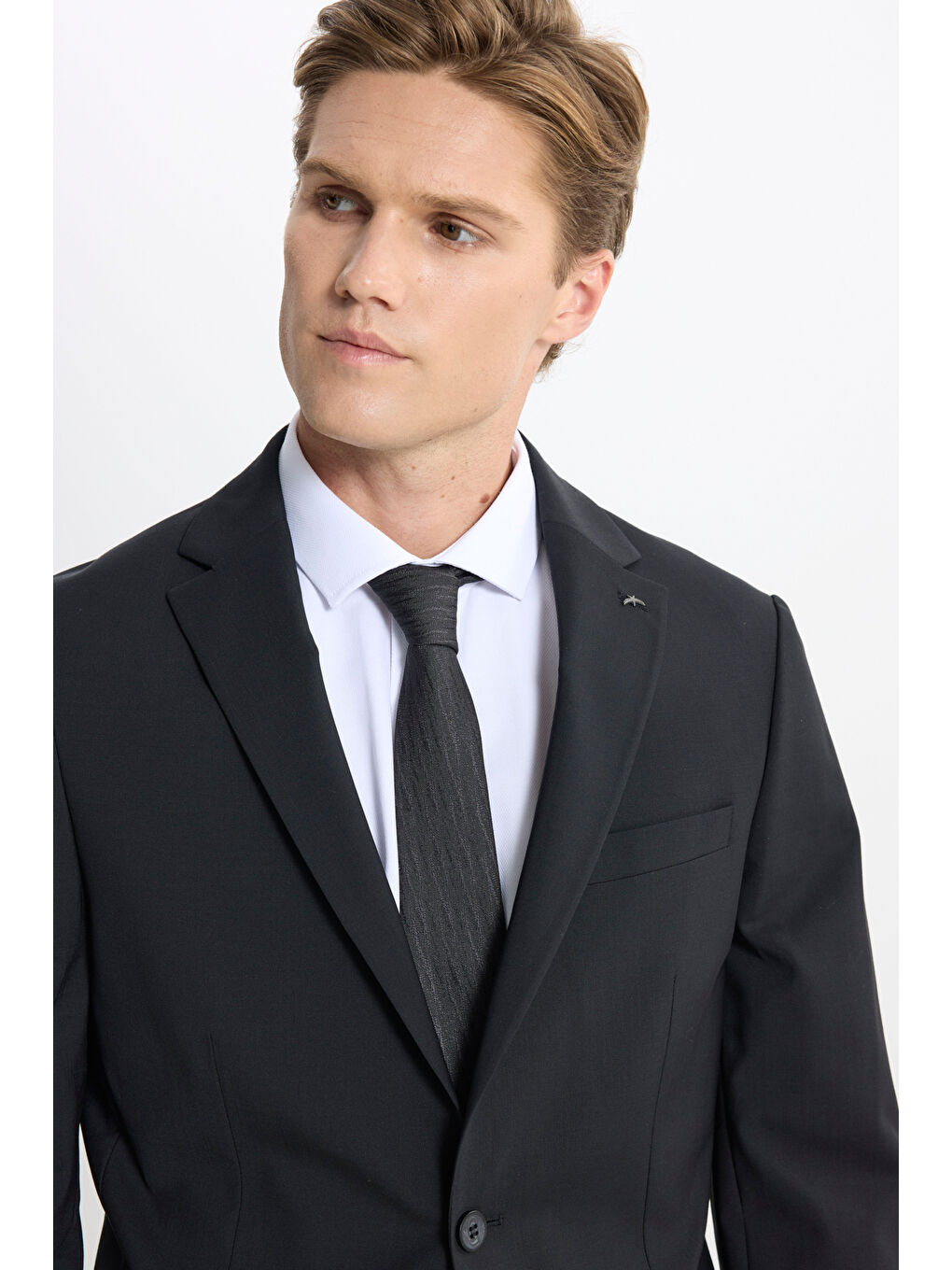 Erkek Siyah Yünlü Slim Fit Mono Yaka Torba Cepli Esnek Takım Elbise-5