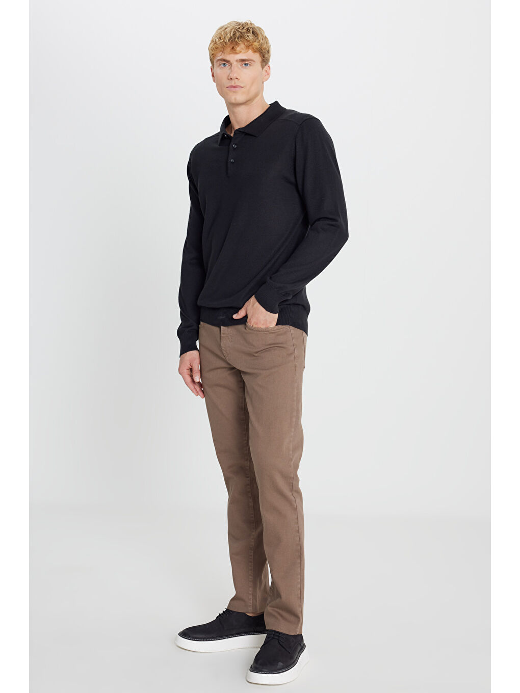 Erkek Siyah Yünlü Standart Fit Normal Kesim Polo Yaka Triko Kazak-1