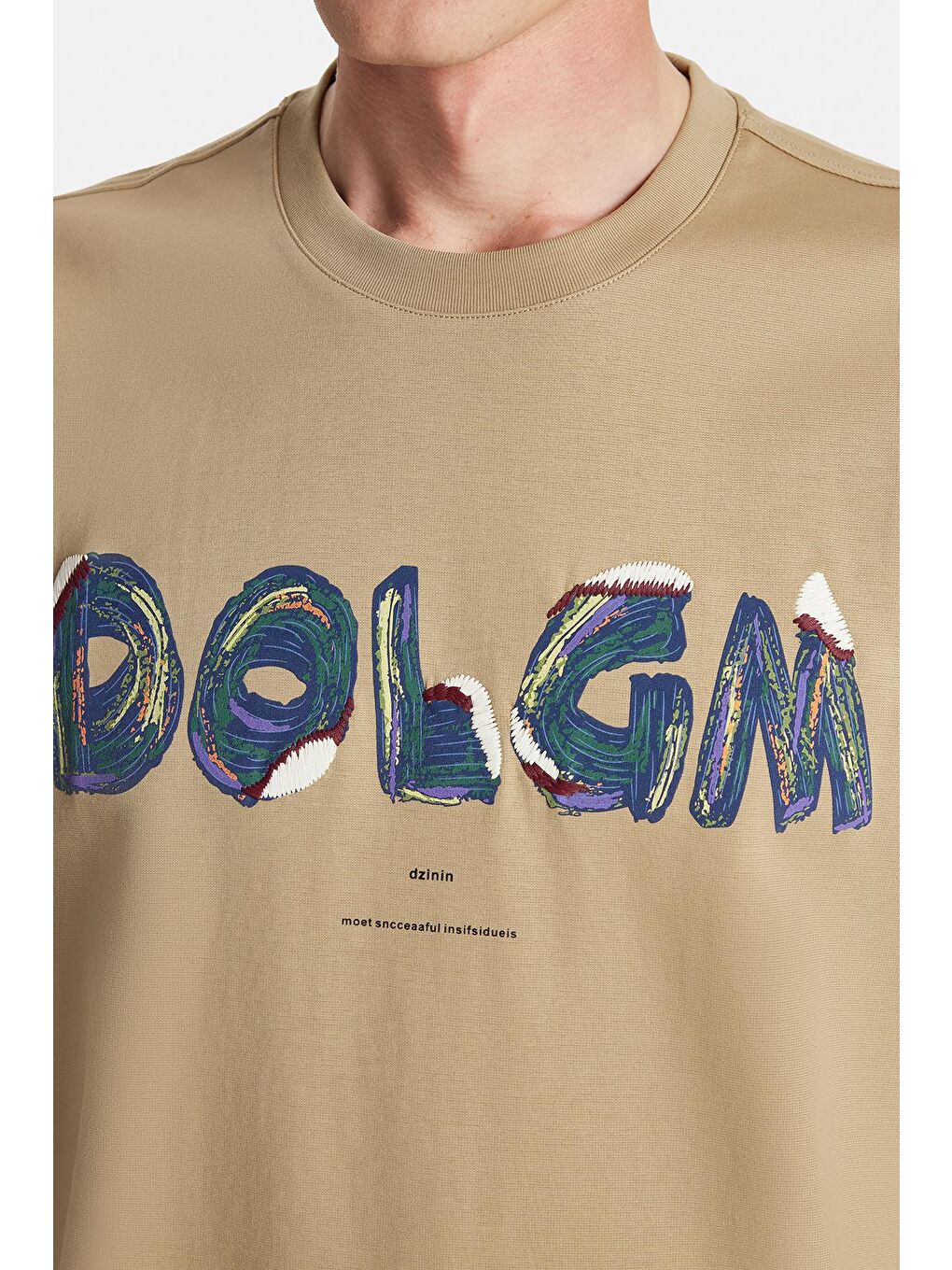 Relax Fit Rahat Kesim Pamuklu Ön Baskı Ve Nakış Detaylı Bisiklet Yaka Bej Erkek Tişört-2
