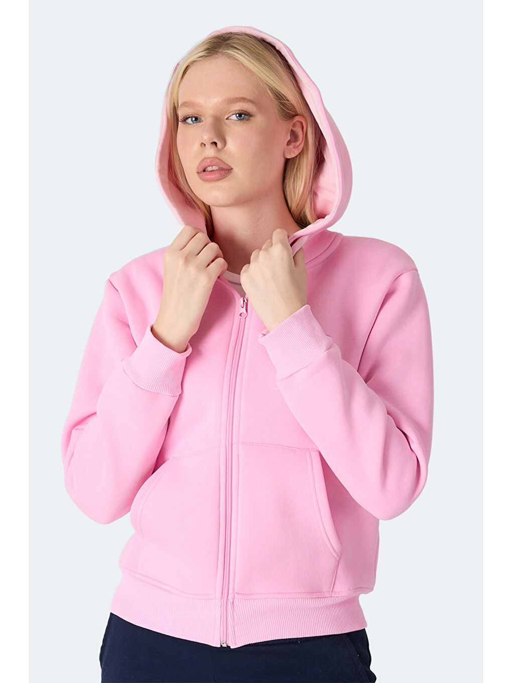 MILIO I Kadın Fermuarlı Kapüşonlu Cepli Pembe Sweatshırt-3