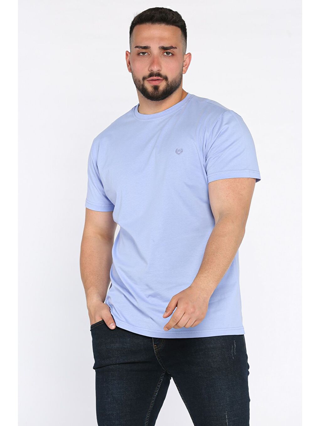 Lila Bisiklet Yaka Nakışlı Erkek Tişört