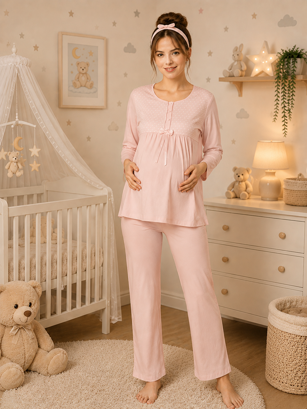 Pembe Kadın %100 Doğal Pamuk Önden Düğmeli Hamile & Lohusa Uzun Kollu Mevsimlik Kaliteli Pijama Takımı
