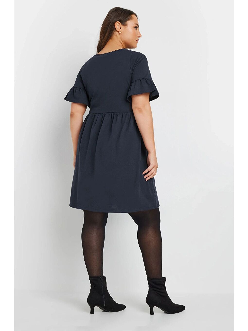 Lacivert Büyük Beden Bisiklet Yaka Kısa Fırfır Kollu Beli Lastikli Mini Elbise 303646-4