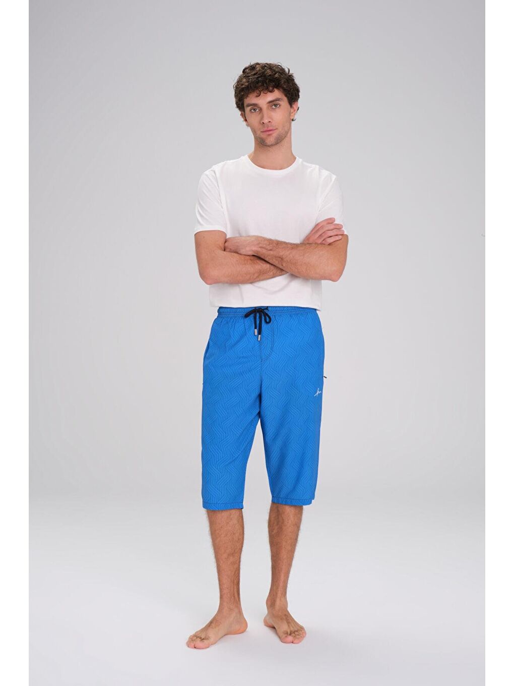 Desenli Mavi Uzun Erkek Havuz Ve Deniz Şortu 2410-1