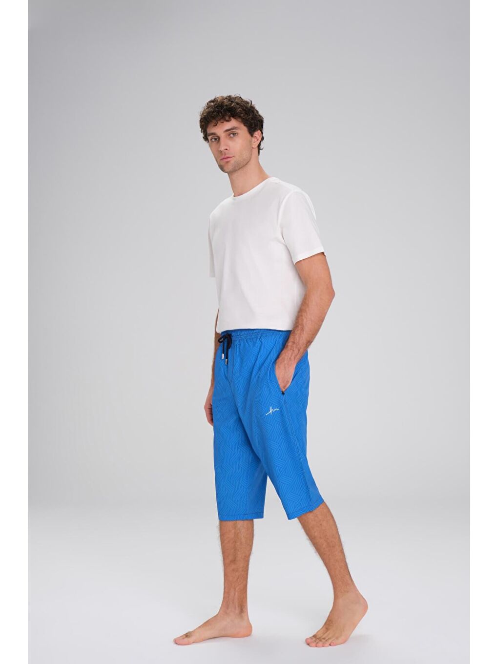 Desenli Mavi Uzun Erkek Havuz Ve Deniz Şortu 2410-3