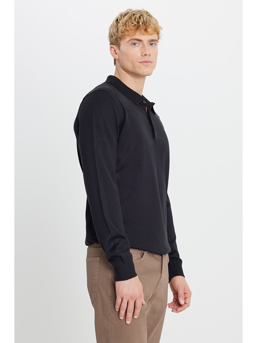 Erkek Siyah Yünlü Standart Fit Normal Kesim Polo Yaka Triko Kazak-2