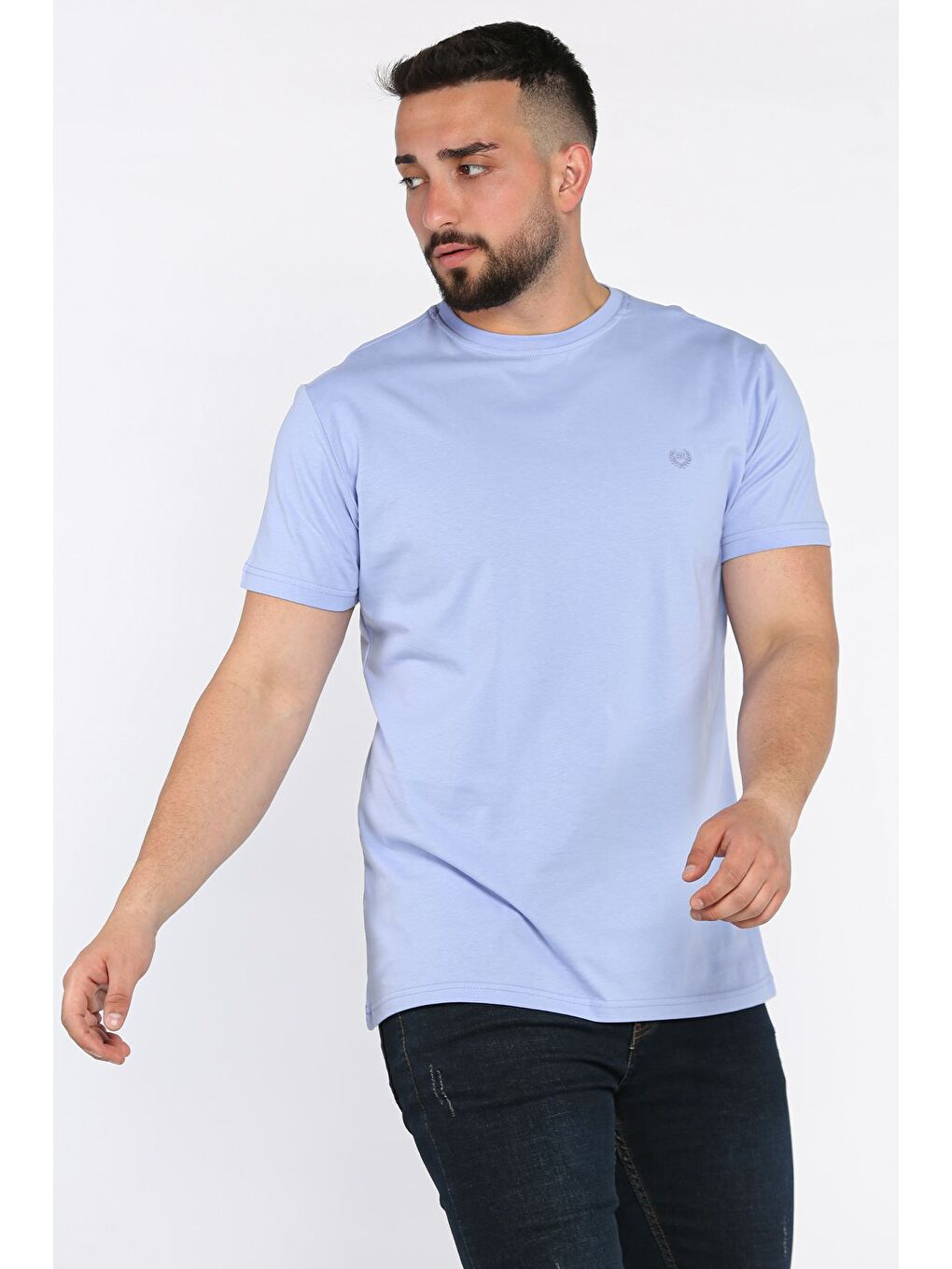 Lila Bisiklet Yaka Nakışlı Erkek Tişört-1