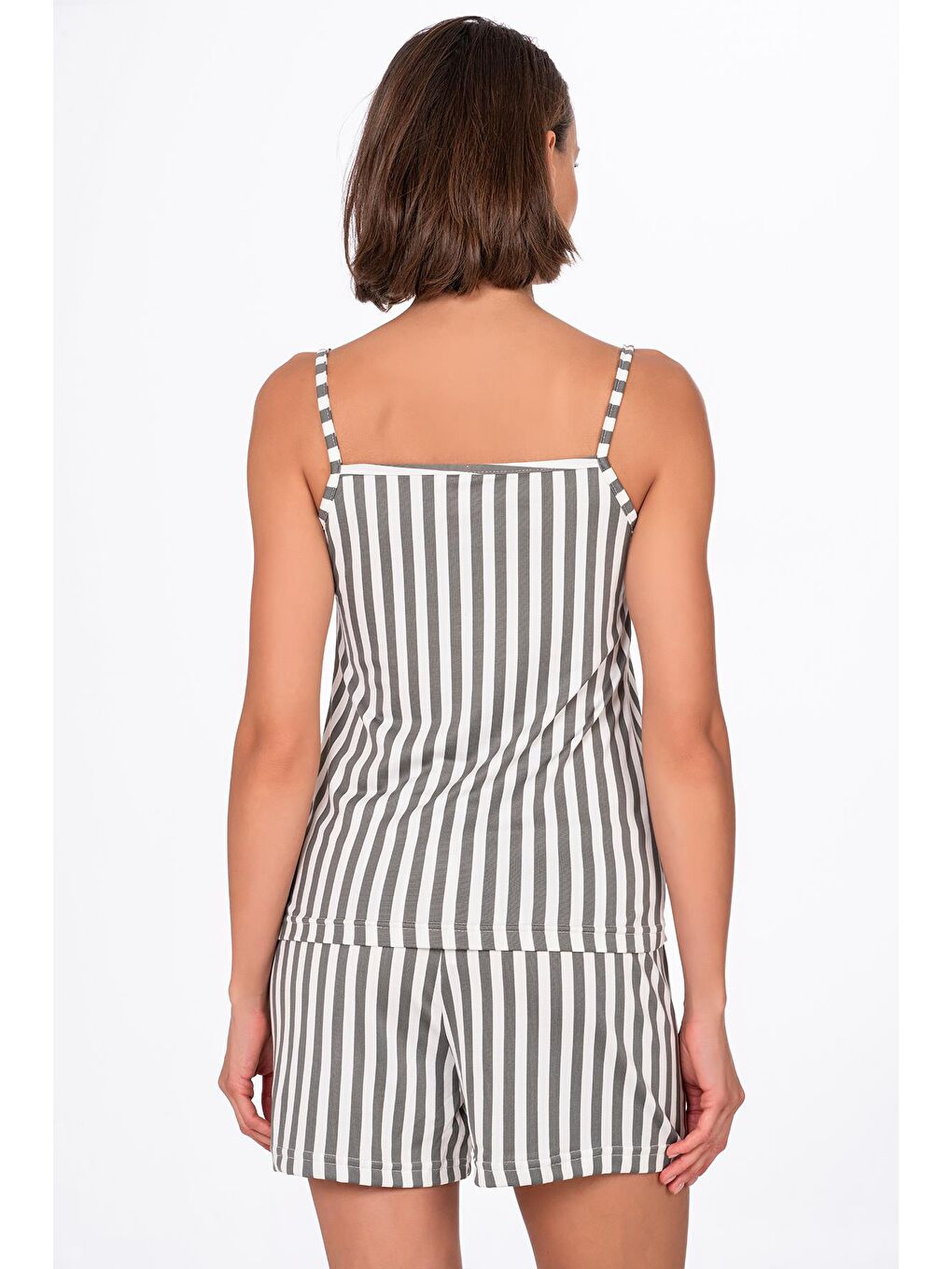 Gri Kadın Çizgili İp Askılı Şortlu Pijama Takımı-2
