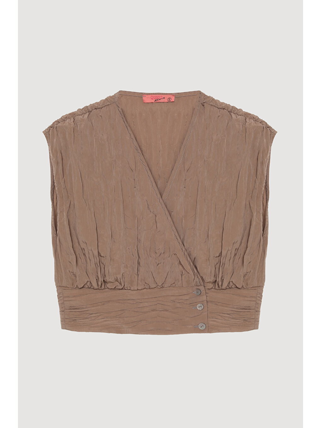 Kırışık Görünümlü Kolsuz Düğmeli Bluz Açık Kahverengi-1