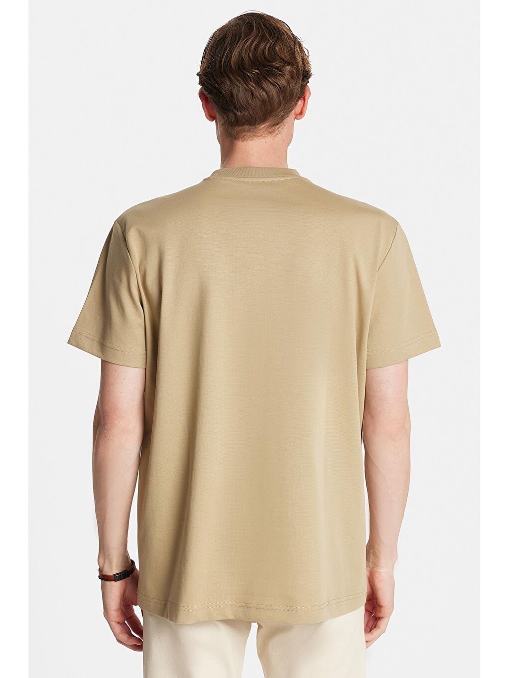 Relax Fit Rahat Kesim Pamuklu Ön Baskı Ve Nakış Detaylı Bisiklet Yaka Bej Erkek Tişört-4