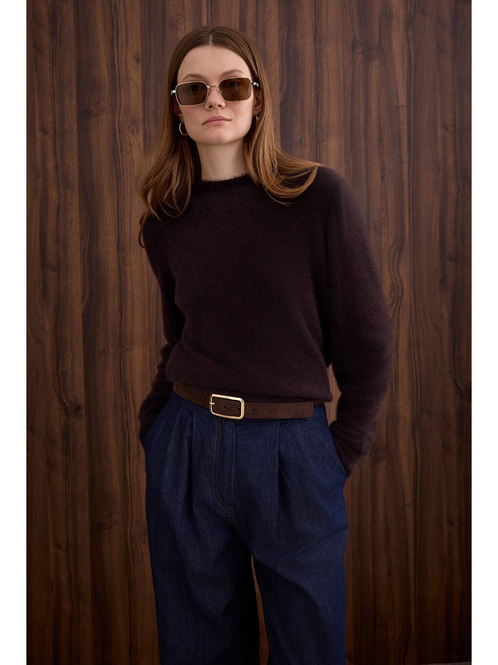 Kahverengi İnce Tüylü Basic Kazak Kestane