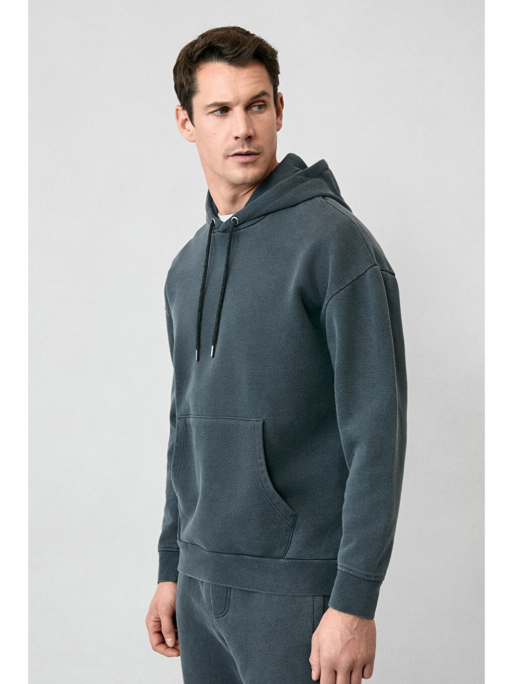 Antrasit Kapüşonlu Oversize Ekstra Rahat Kesim Pamuk Sweatshirt-1