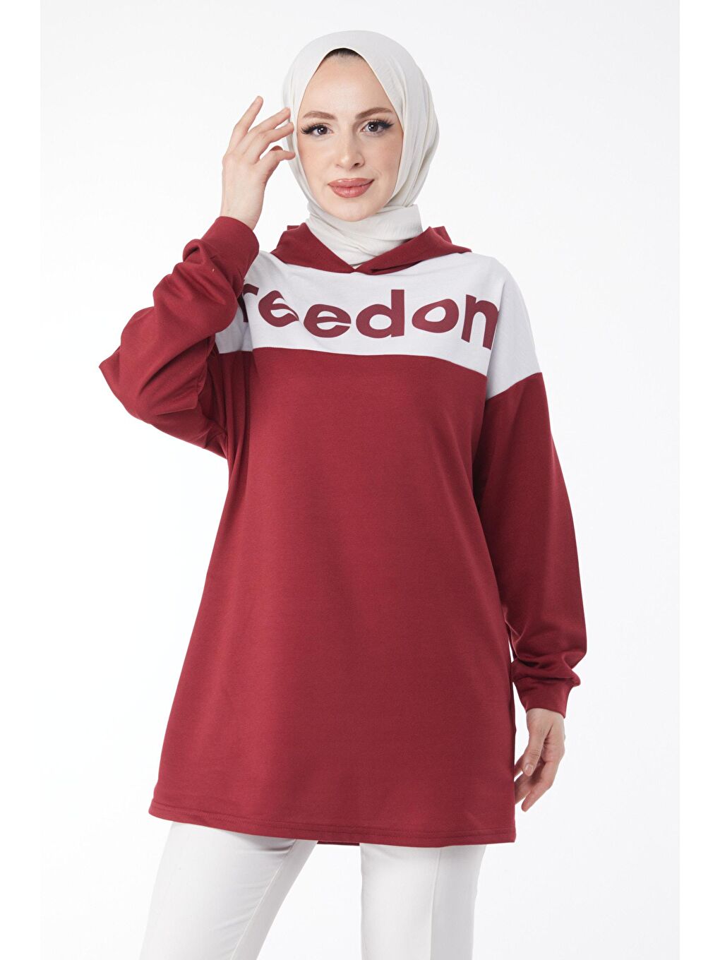 TOFİSA Bordo Düz Kapşonlu Yaka Kadın Bordo Baskılı Kapşonlu Sweatshirt - 13134