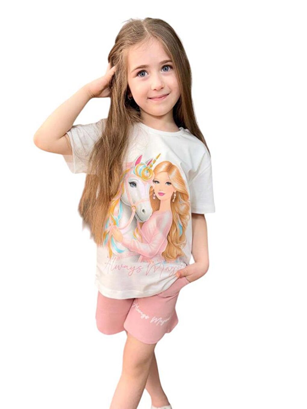 Pembe Kız Çocuk Üzeri Digital Bebek ve At Baskılı Penye T-Shirt Pudra Şortlu Takım-2