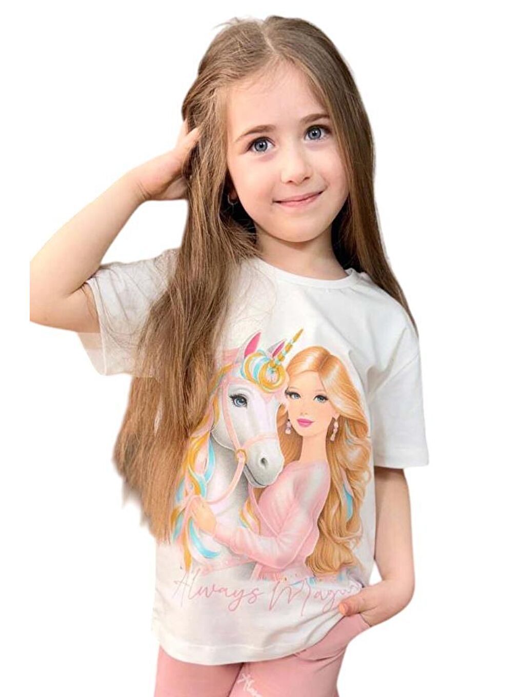 Pembe Kız Çocuk Üzeri Digital Bebek ve At Baskılı Penye T-Shirt Pudra Şortlu Takım-3