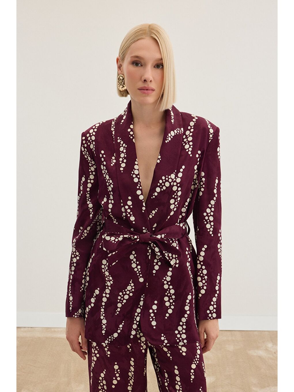 Desenli Uzun Ceket - Bordo