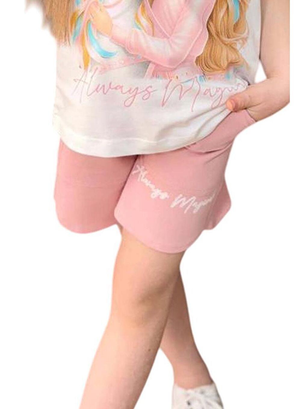 Pembe Kız Çocuk Üzeri Digital Bebek ve At Baskılı Penye T-Shirt Pudra Şortlu Takım-4