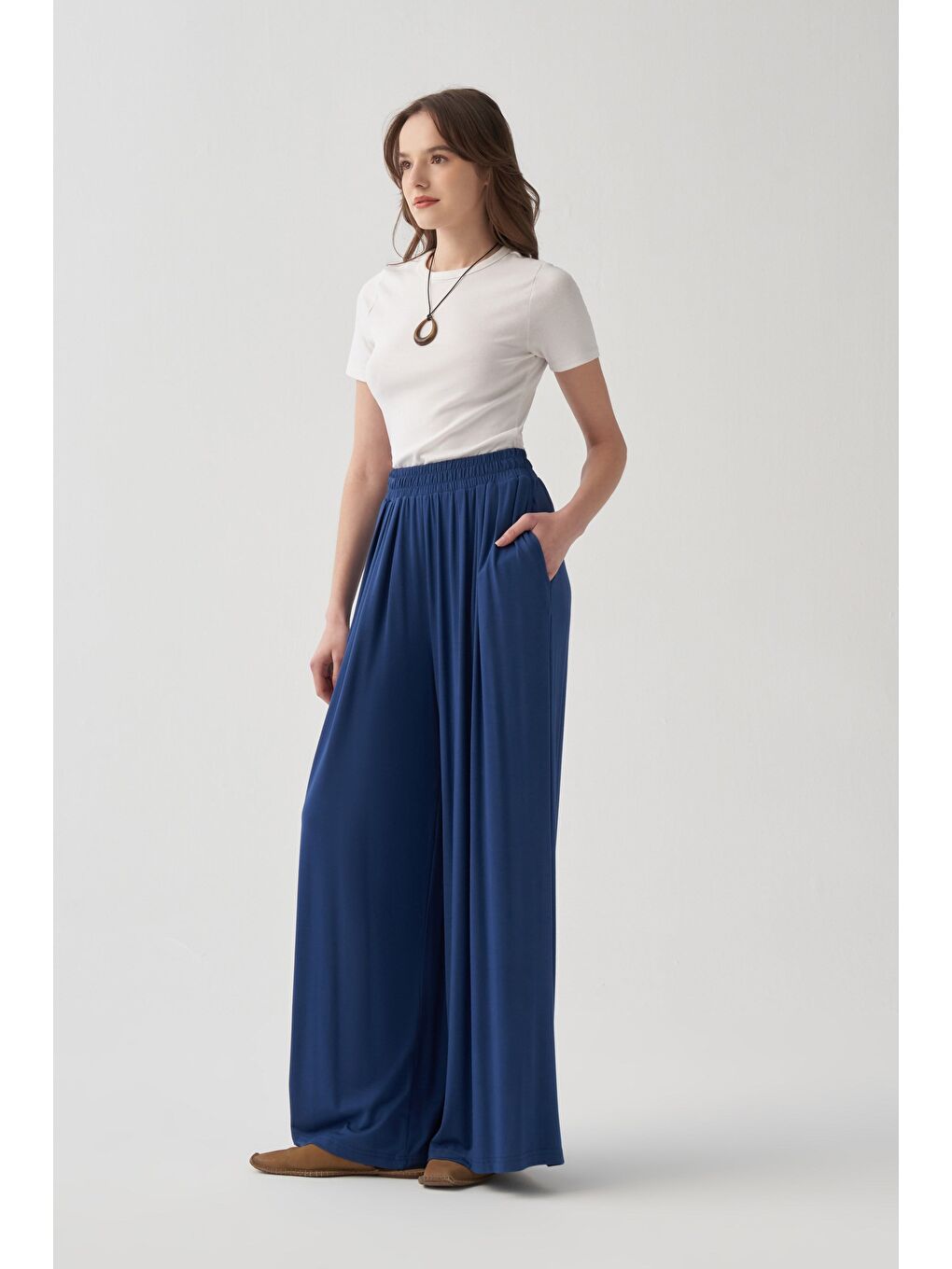 İndigo-Beli Lastikli Geniş Paça Pantolon-2