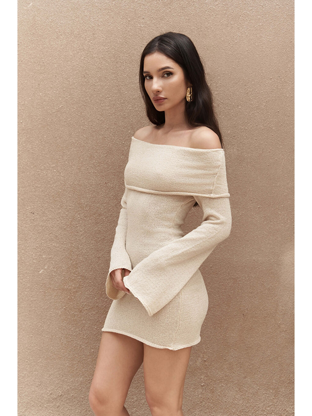 Kirana Carmen Yaka Bej Mini Triko Elbise-3