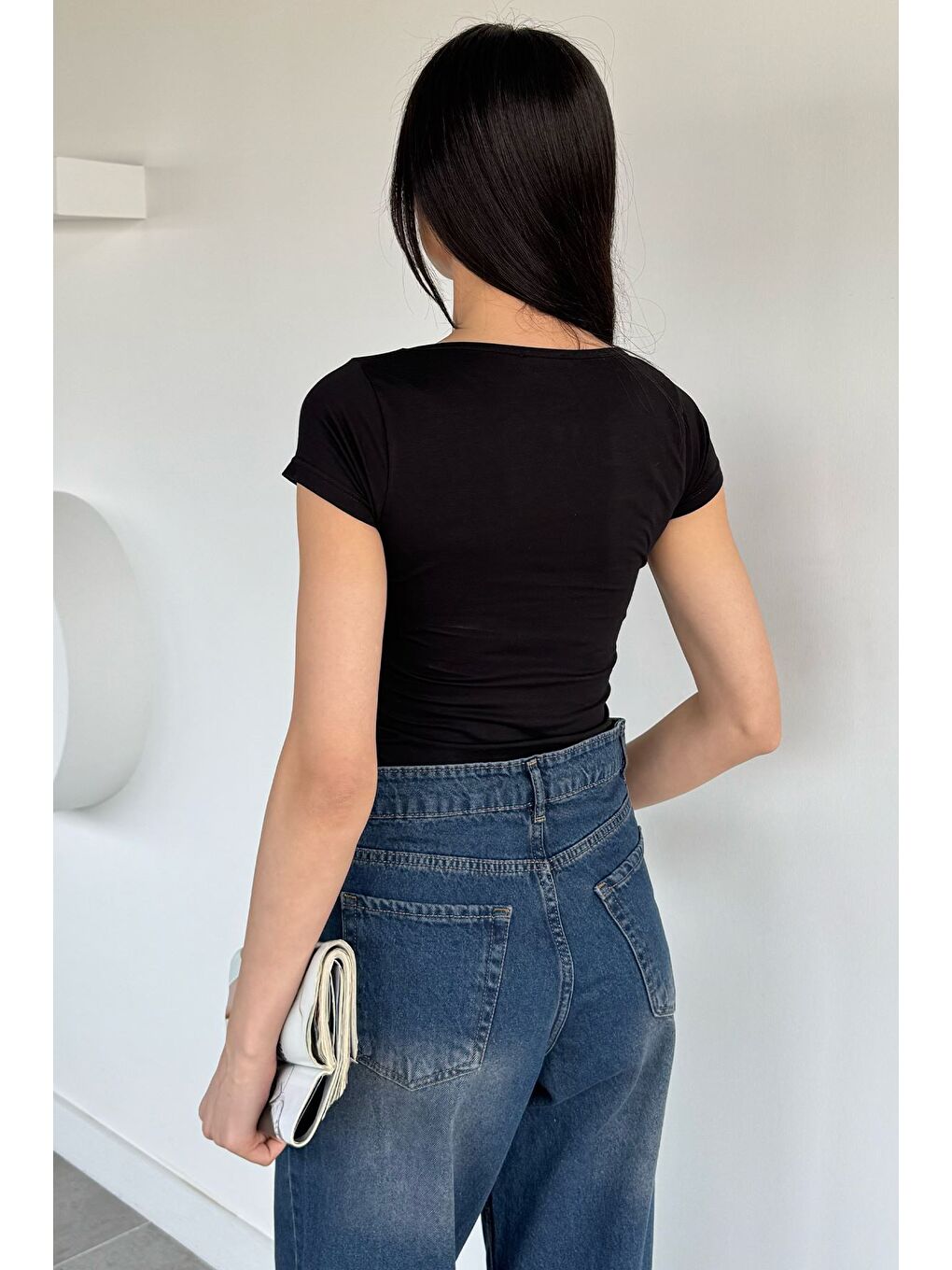 Siyah Kadın V Yaka Elastanlı Basic Body Bluz-3