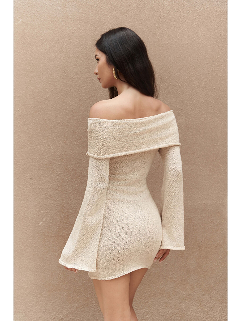 Kirana Carmen Yaka Bej Mini Triko Elbise-4