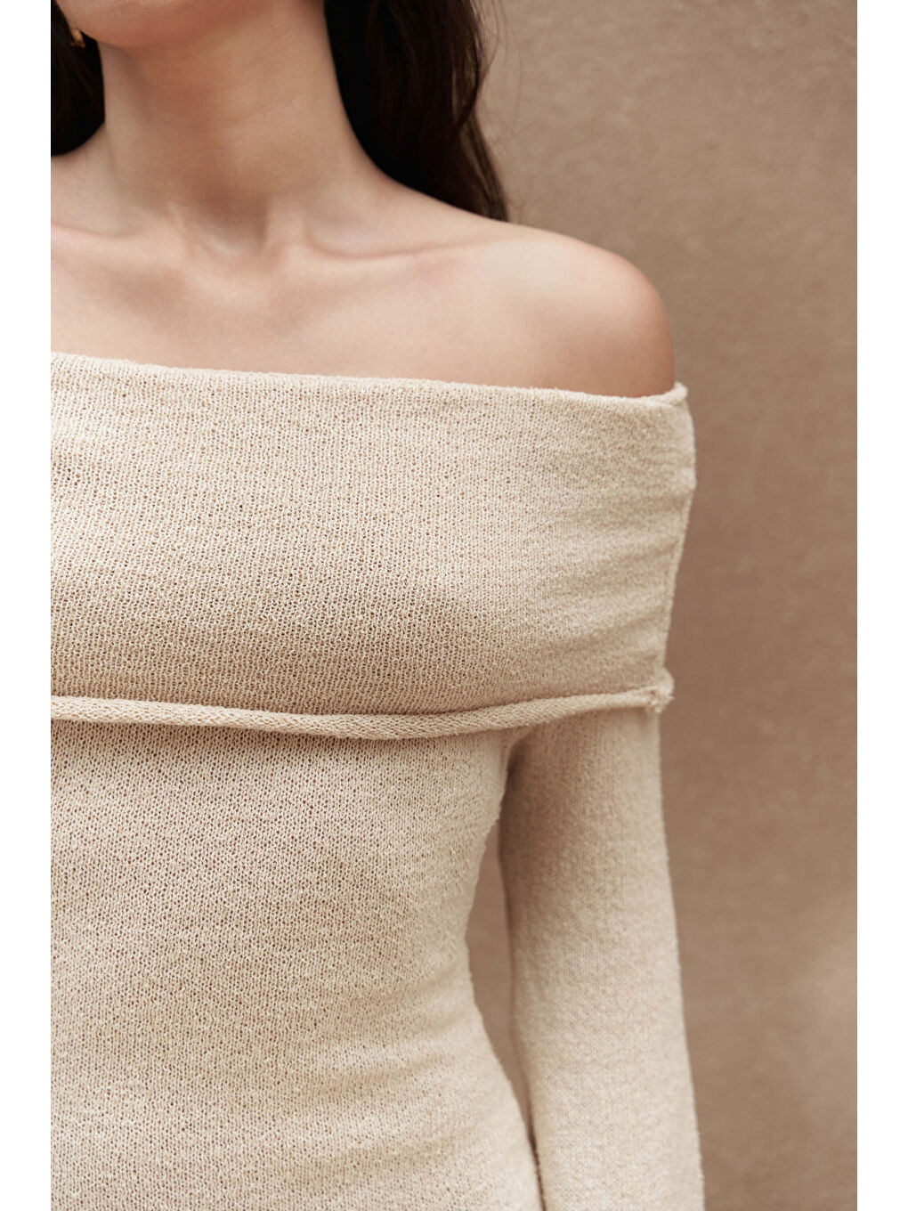 Kirana Carmen Yaka Bej Mini Triko Elbise-5