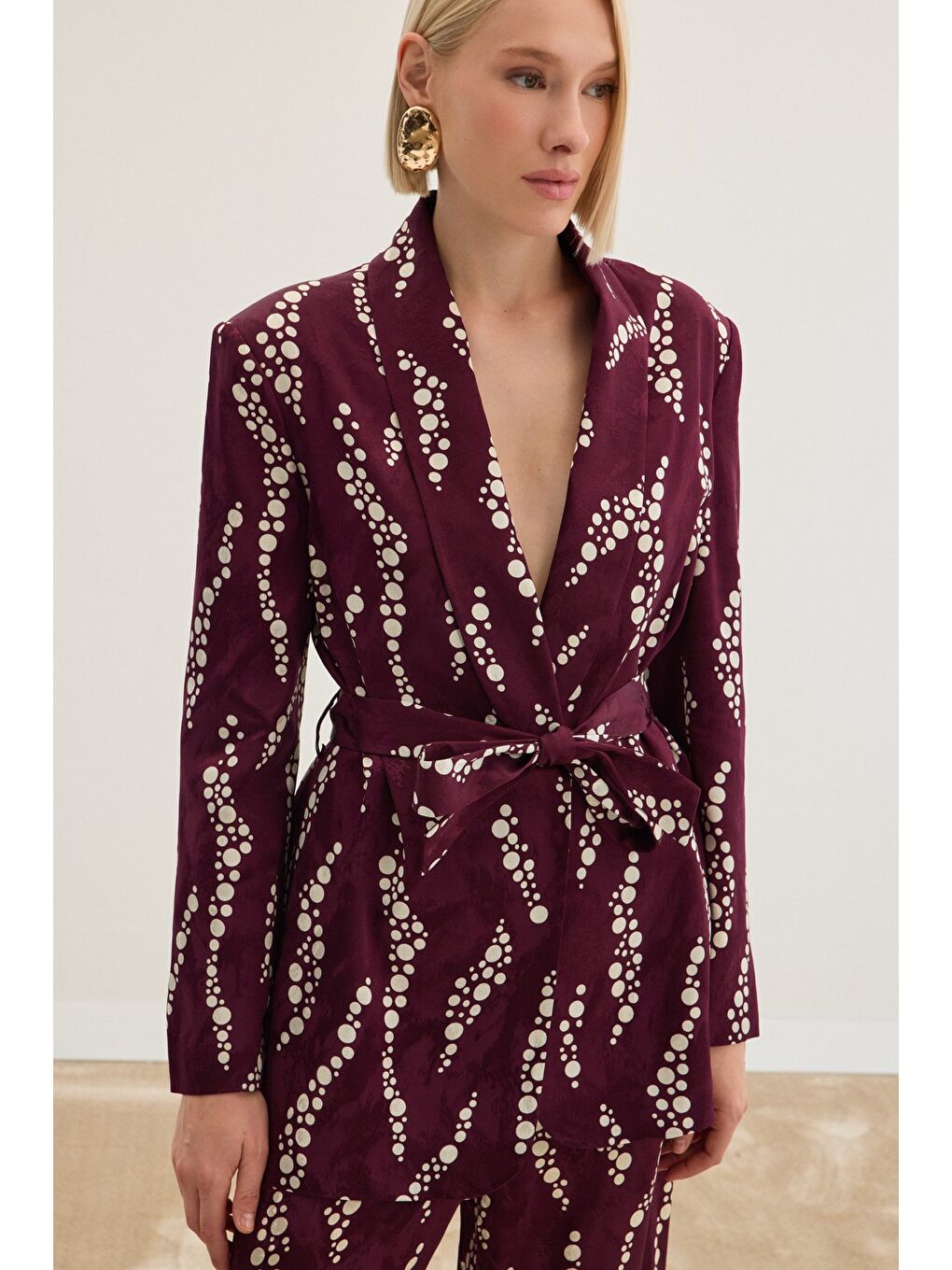 Desenli Uzun Ceket - Bordo-2