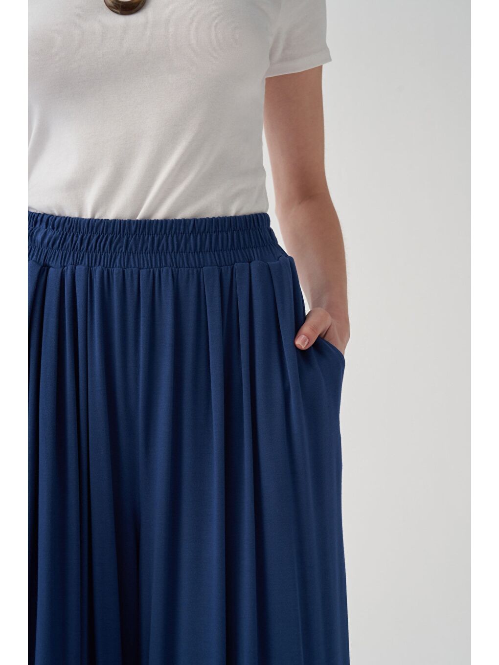 İndigo-Beli Lastikli Geniş Paça Pantolon-4