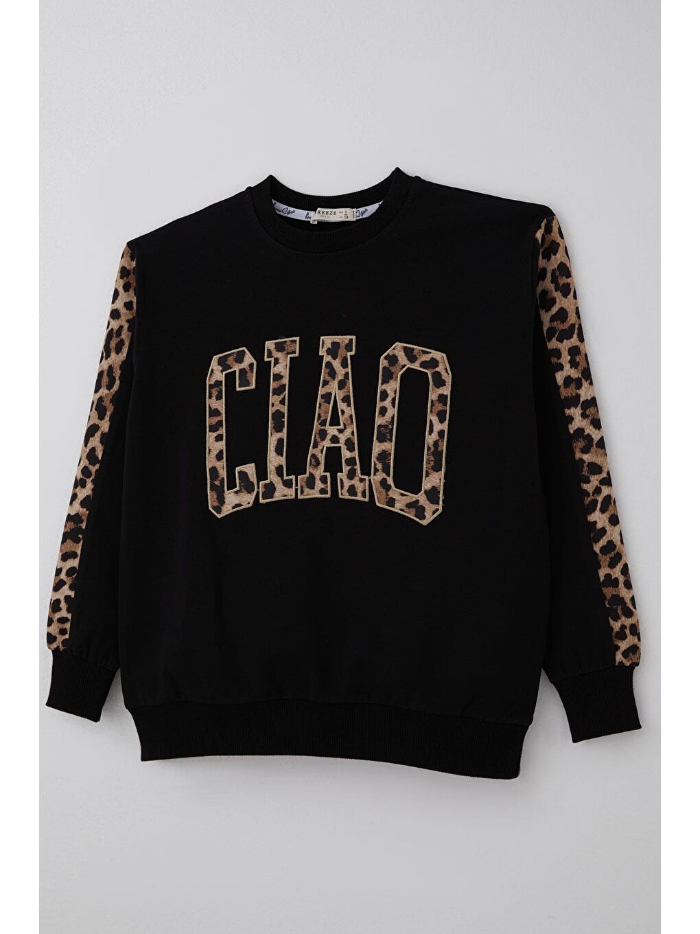 Kız Çocuk Eşofman Takımı Yazı Nakışlı Kenarları Leopar Desenli Siyah (9-14 Yaş)-6