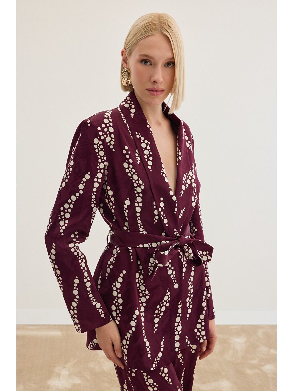 Desenli Uzun Ceket - Bordo-4