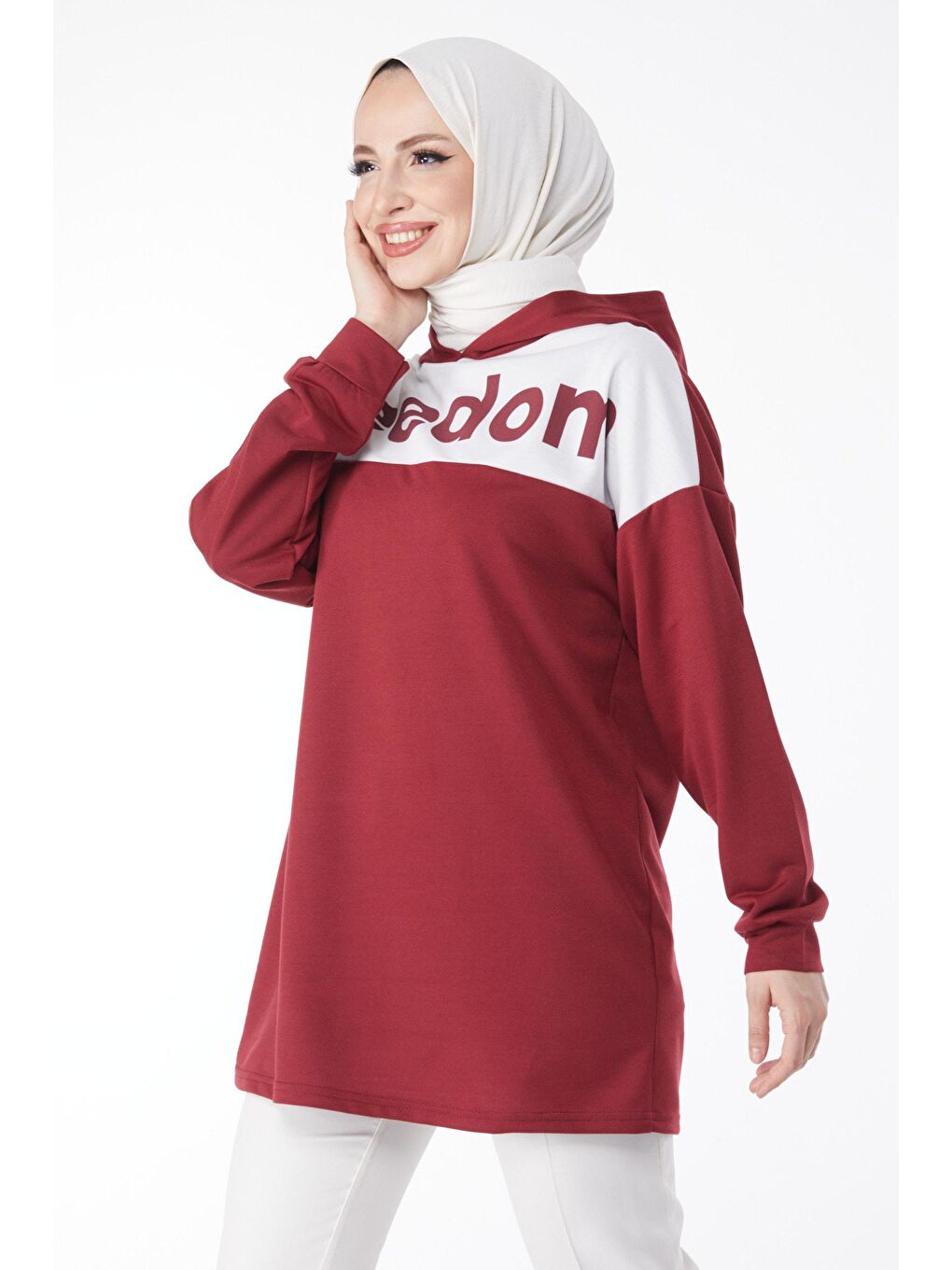 TOFİSA Bordo Düz Kapşonlu Yaka Kadın Bordo Baskılı Kapşonlu Sweatshirt - 13134 - 1