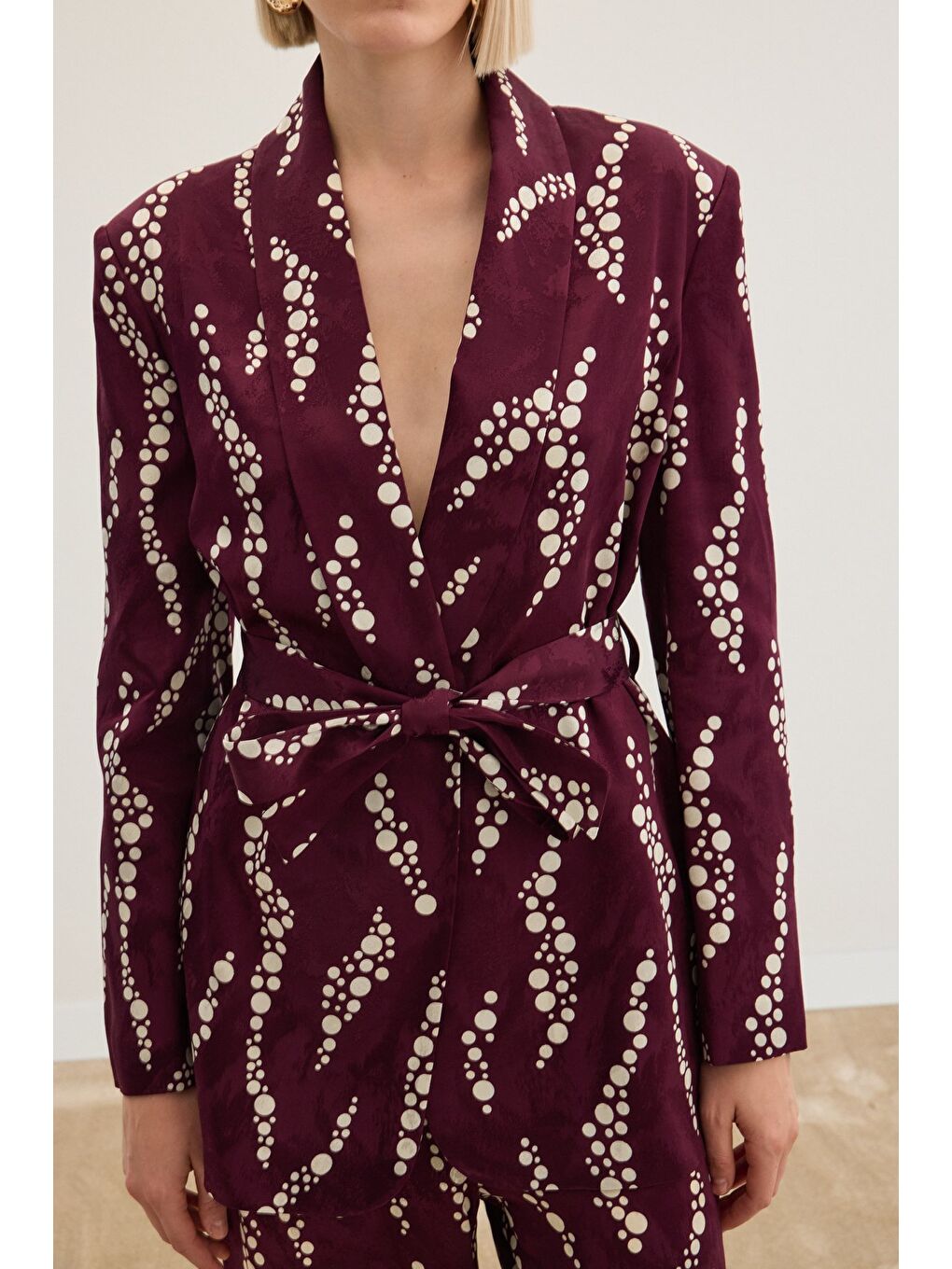 Desenli Uzun Ceket - Bordo-6