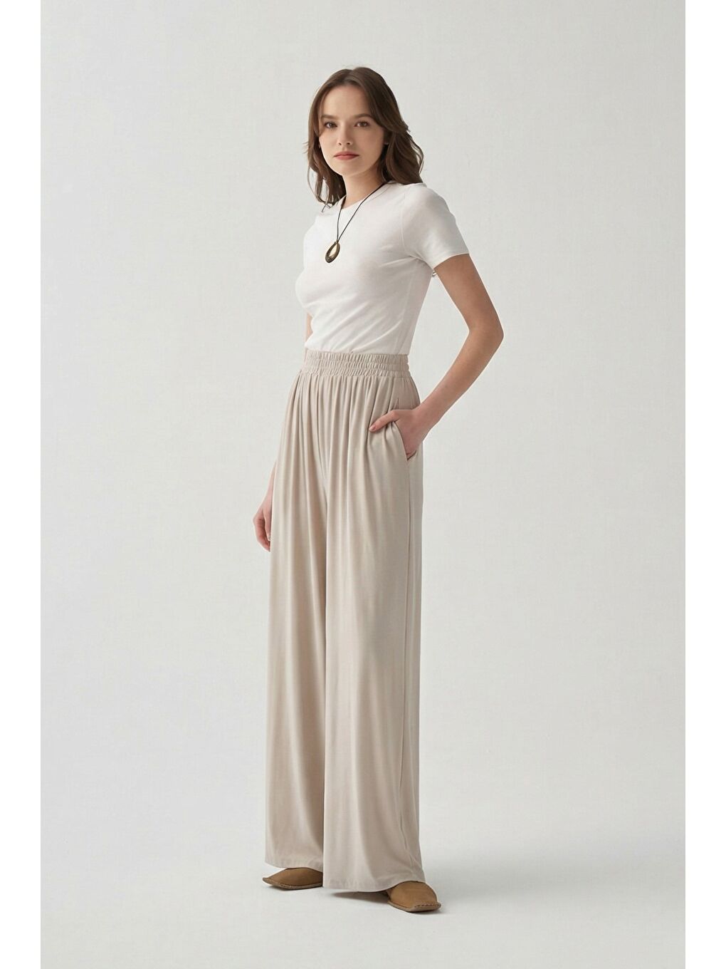 Gri Taş-Beli Lastikli Geniş Paça Pantolon