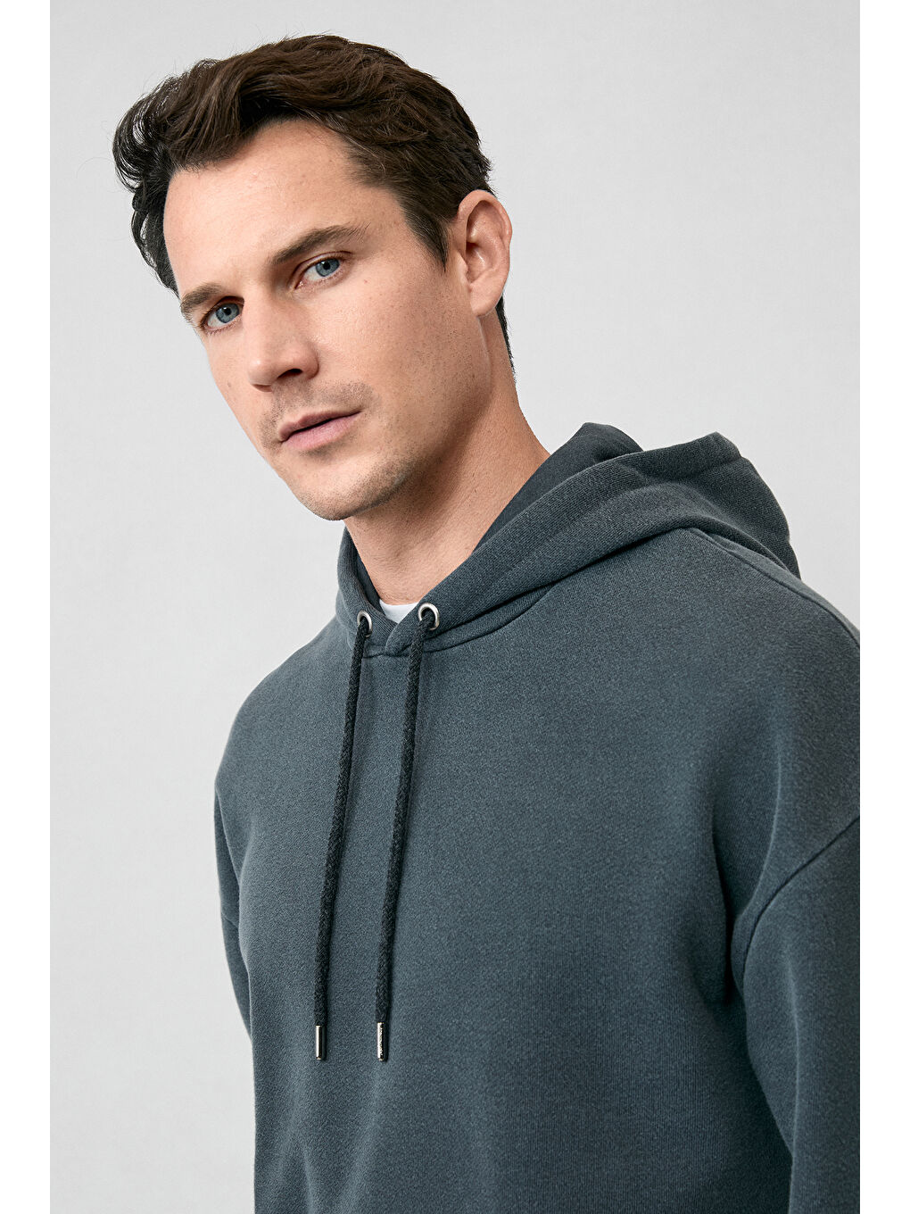 Antrasit Kapüşonlu Oversize Ekstra Rahat Kesim Pamuk Sweatshirt-3