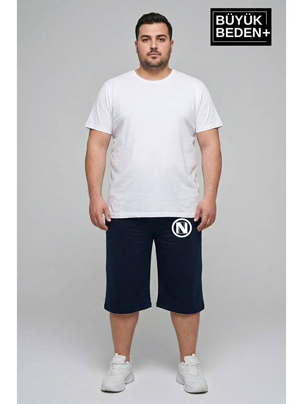 Lacivert Büyük Beden Erkek N Baskılı Şort Rahat Kalıp Basic Penye 3XL-6XL SPR26BSR591-19