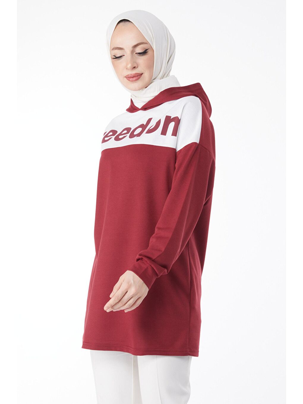 TOFİSA Bordo Düz Kapşonlu Yaka Kadın Bordo Baskılı Kapşonlu Sweatshirt - 13134 - 2