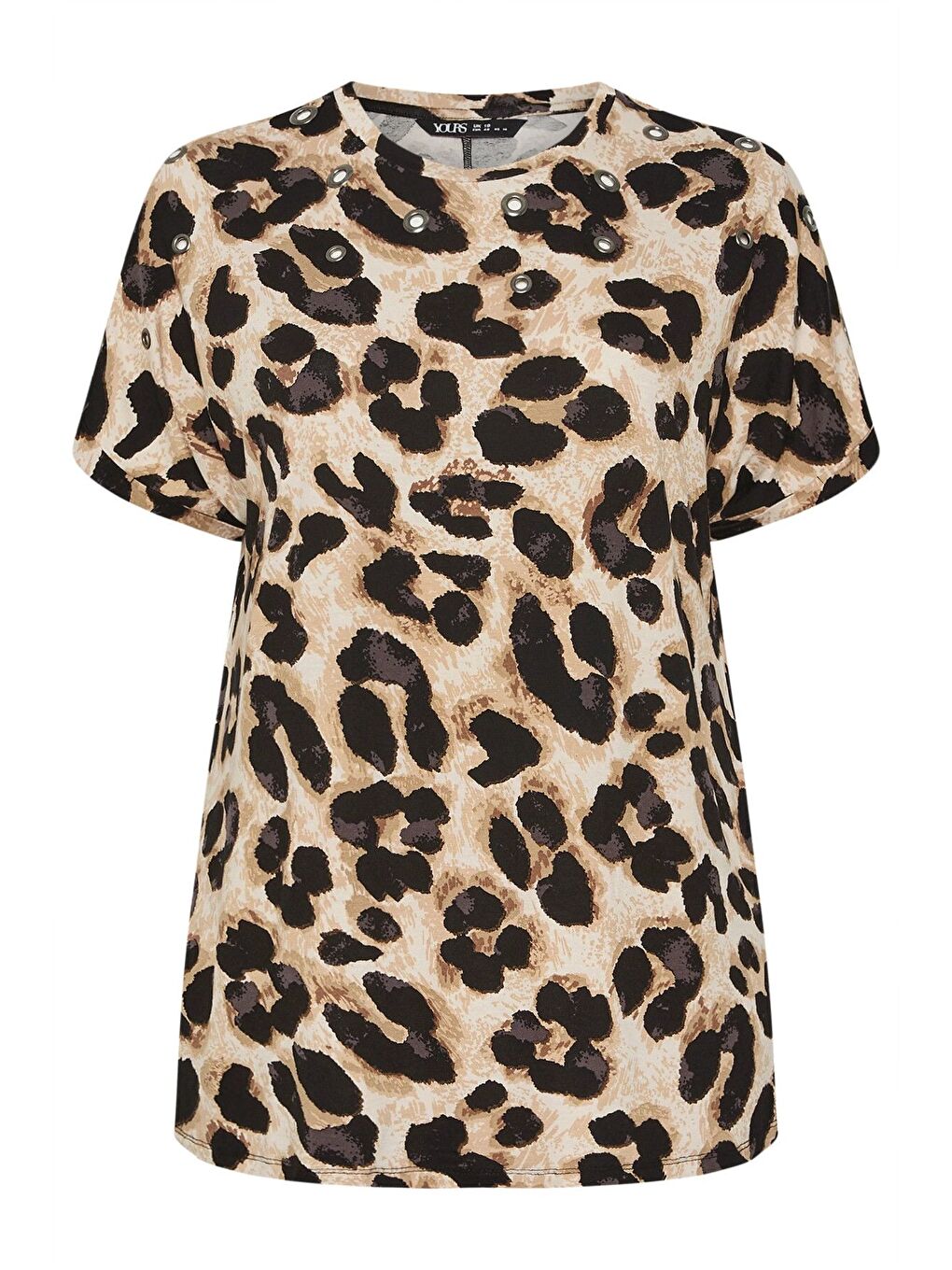 Kahverengi Büyük Beden Bisiklet Yaka Kısa Kollu Kuşgözü Detaylı Leopar Desenli Bluz 304127-6