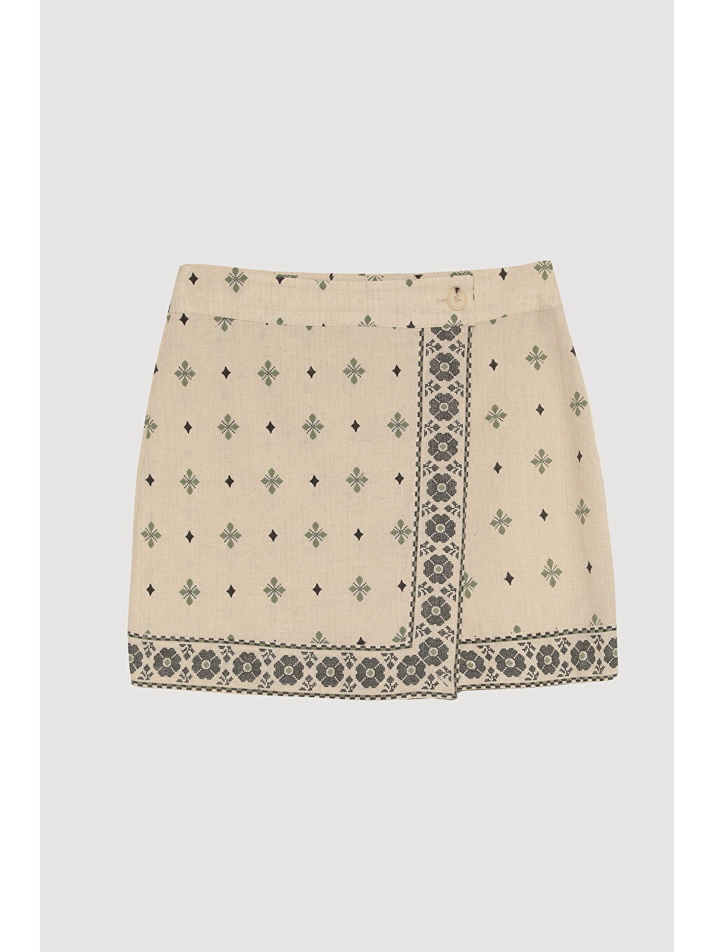 Bej Etnik Desenli Bordürlü Mini Keten Şort Etek Naturel-1