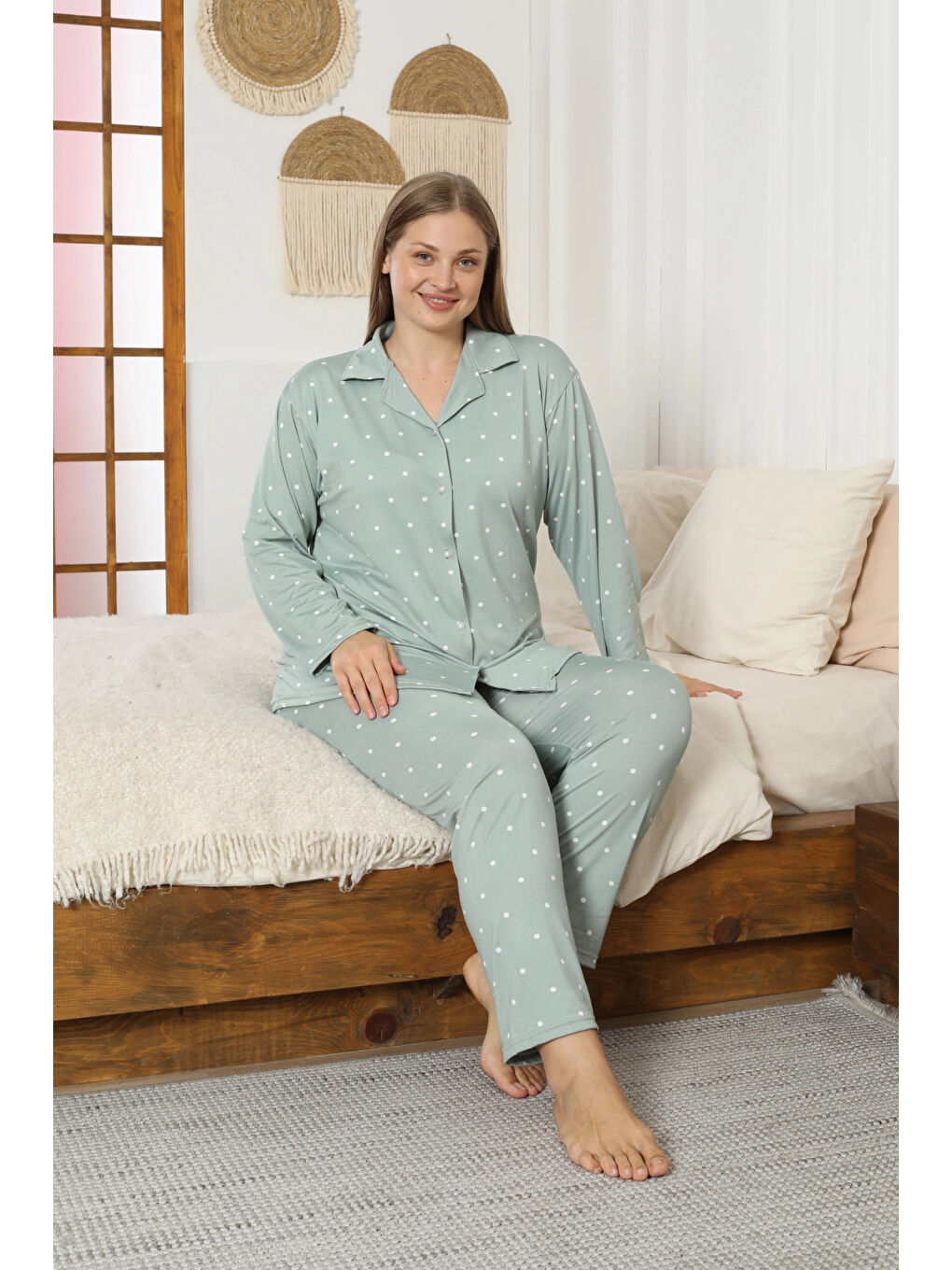 Yeşil Desenli Kadın Pijama Takımı 3397-1